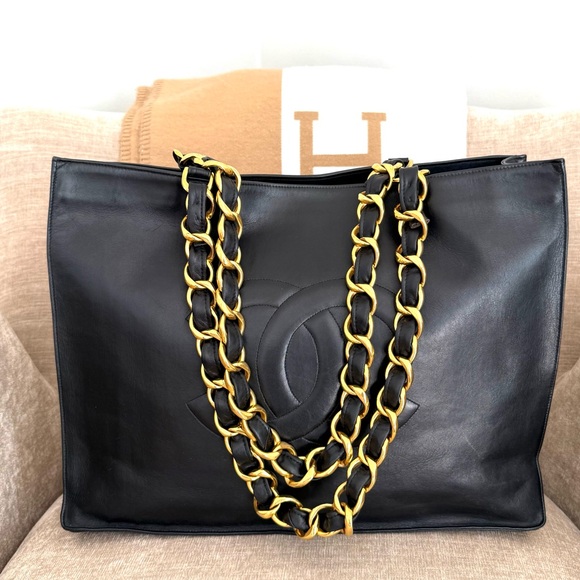 CHANEL Handbags - Authentic CHANEL black leather tote bag large gold GG chain straps